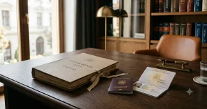 Birou de avocat cu un dosar penal și un pașaport românesc, ilustrând situația unui român plecat din țară care are un dosar penal în România