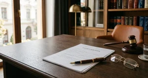 Contract, stilou și ciocănel de judecător pe biroul unui avocat, ilustrând recuperarea unei datorii neplătite din România prin instanță